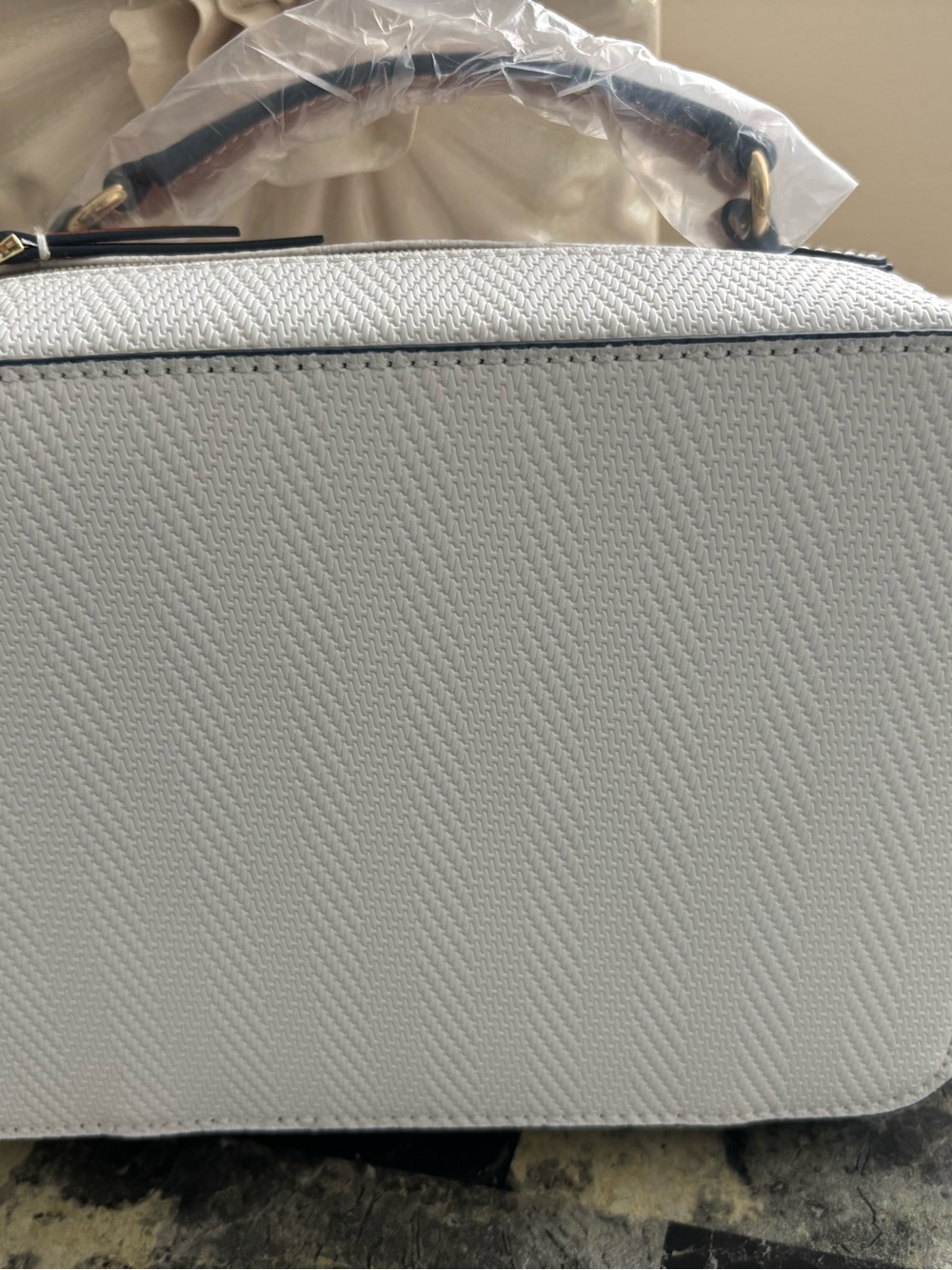 Estee Lauder White Textured Top-Handle Satchel with Black Trim